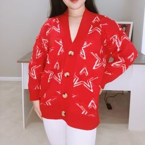 Women winter autumn v neck star knit sweater cardigan jacket pullover plus size